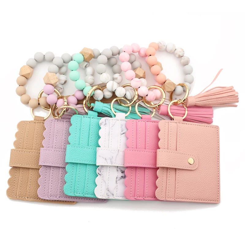 Silicone Bead Bracelet Solid Leather Card Bag Wristlet Keychain Silicone Beaded Bracelet Leather Tassel Wallet Bangle