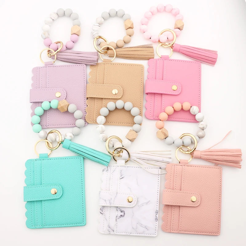 Silicone Bead Bracelet Solid Leather Card Bag Wristlet Keychain Silicone Beaded Bracelet Leather Tassel Wallet Bangle