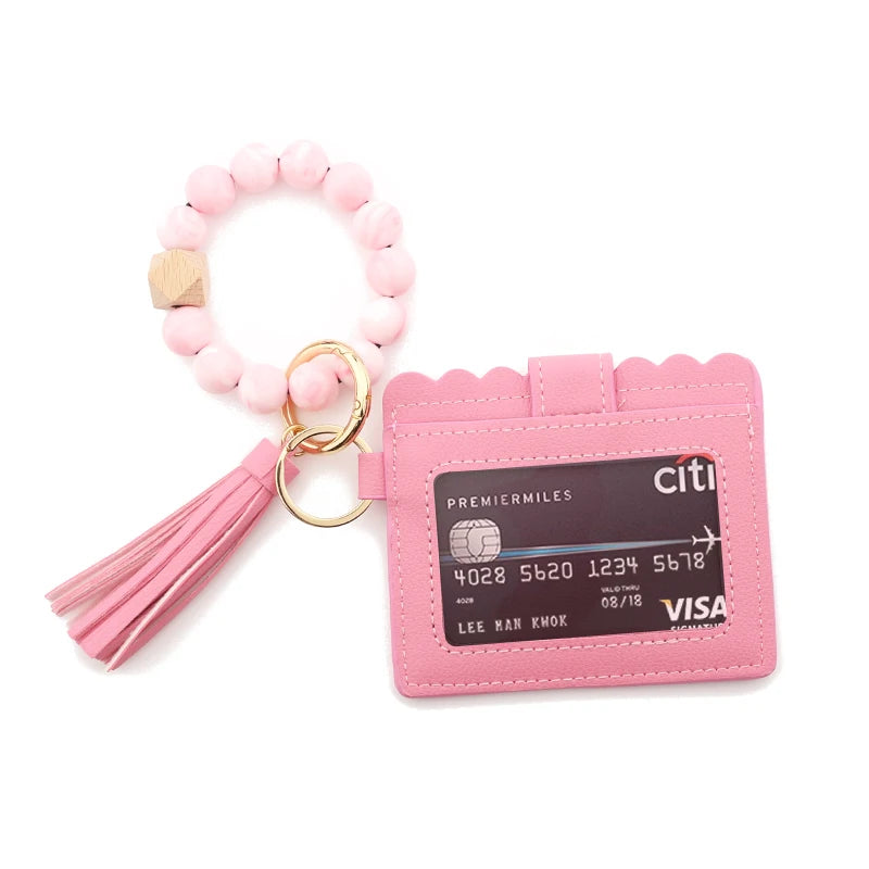 Silicone Bead Bracelet Solid Leather Card Bag Wristlet Keychain Silicone Beaded Bracelet Leather Tassel Wallet Bangle