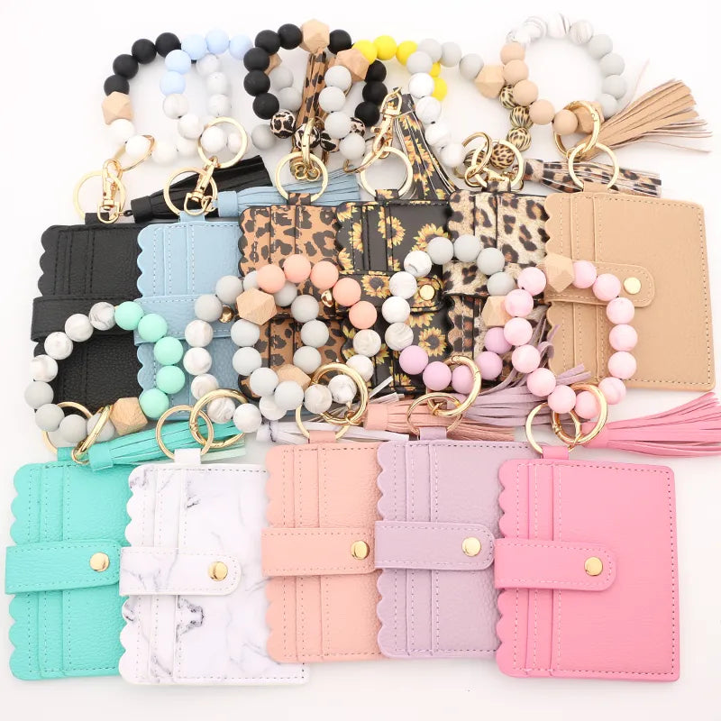 Silicone Bead Bracelet Solid Leather Card Bag Wristlet Keychain Silicone Beaded Bracelet Leather Tassel Wallet Bangle